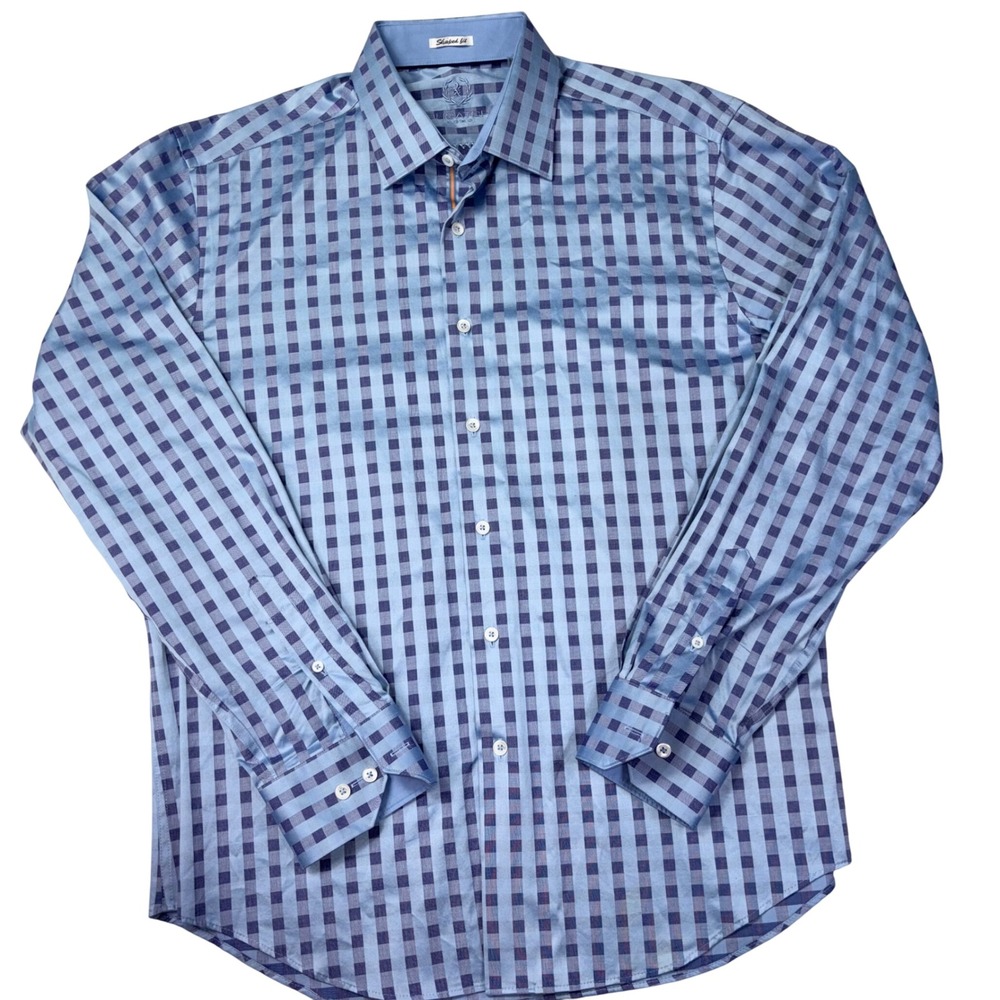 Bugatchi Uomo Shaped Fit Dress Shirt Blue Long Sleeve Button Down Men's Large - Picture 2 of 6